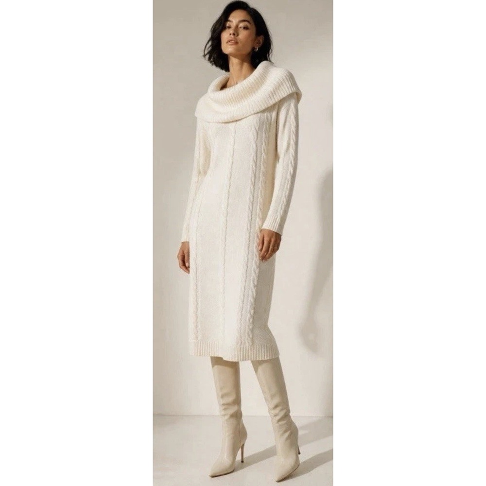 BOSTON PROPER Woman Size Small Chunky Cowl Neck Cable Knit Sweater Dress Ivory